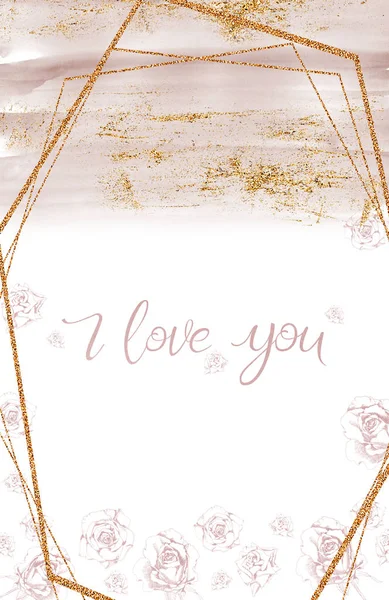 The inscription I love you on a rose gold background gold glitter. Lettering, roses