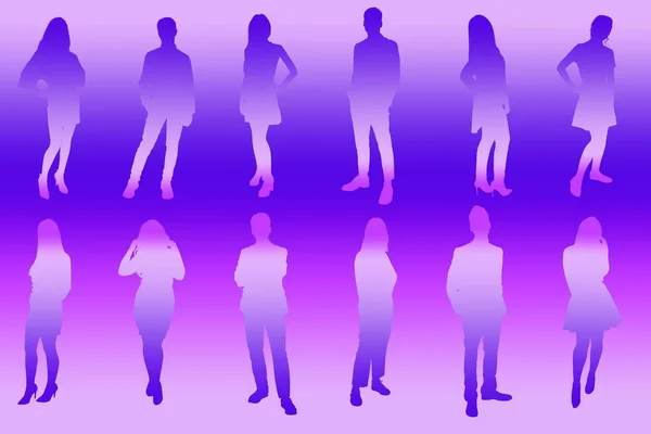Silhouettes of young people. Girls and boys in full growth. Colored silhouette on a purple-violet background, contour