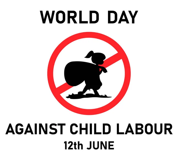 世界反对童工日病媒 带着垃圾袋轮廓的小女孩被禁止的标志 — 图库矢量图片