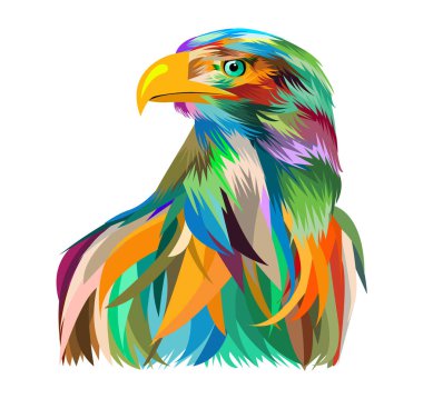 Renkli kartal kafa vektörü, pop sanat. Pop sanat tarzında çok renkli bir kartal kafası. Ayrı renkli kartal..
