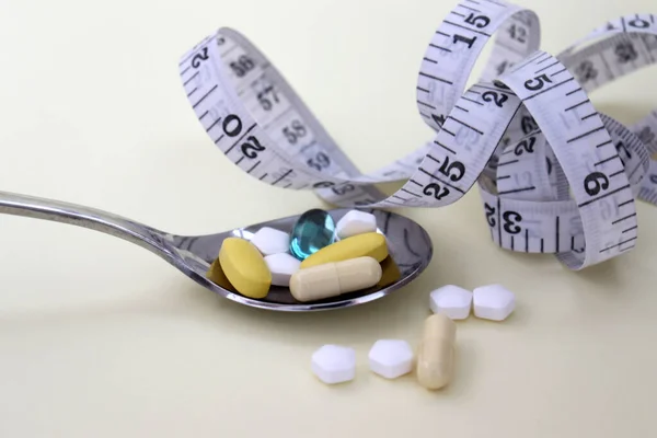 Pills Silver Spoon Tape Measure — Stock Photo, Image