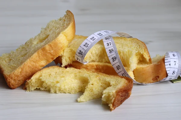 Concept Cut One Carbohydrate Intake Bread Tape Measure — Stock Photo, Image