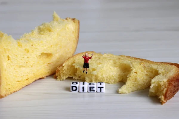 Weight Control Diet Concept Miniature Woman Sitting Bread Doing Makeup — Stock Photo, Image