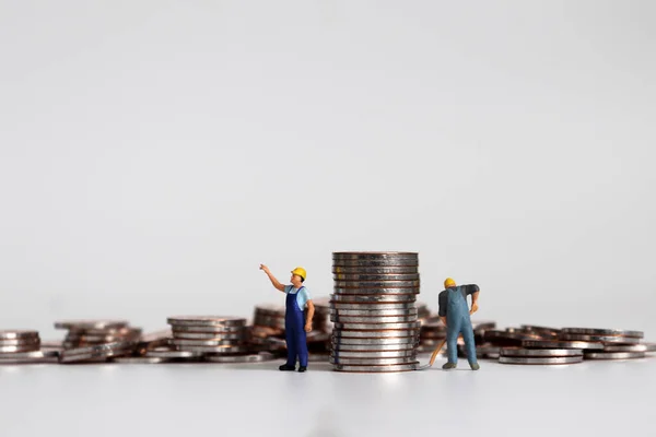 Miniature Workers Carrying Piles Coins — Stock Photo, Image