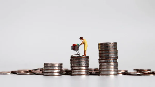 Una Mujer Miniatura Pie Con Carrito Compras Una Pila Monedas — Foto de Stock