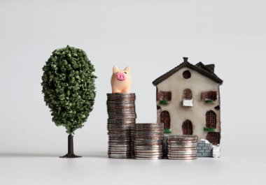 Minyatür bir evin önünde, üzerinde minyatür bir ağaç olan üç adet bozuk para yığını üzerinde pembe bir domuz..