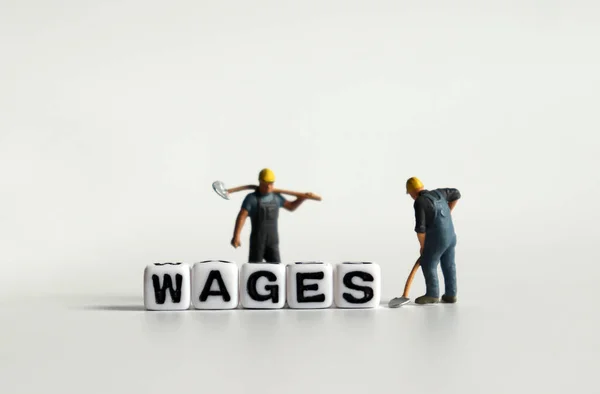 Wages Palavra Cubo Branco Pessoas Miniatura — Fotografia de Stock
