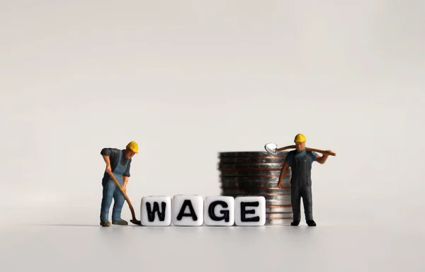 Texto Wage Cubo Branco Trabalhador Miniatura Pilha Moedas — Fotografia de Stock