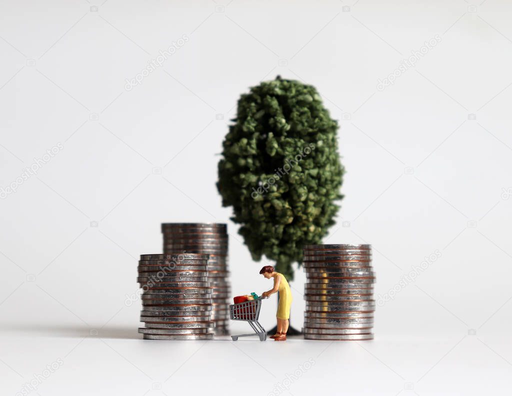 A miniature woman shopping among a pile of coins with a miniature tree.