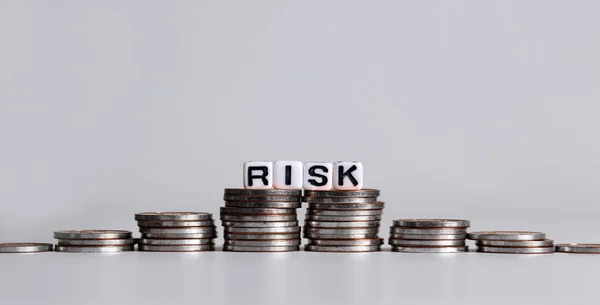 Risk Text White Cube Pile Coins — Stock Photo, Image