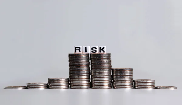 Risk Text White Cube Pile Coins — Stock Photo, Image