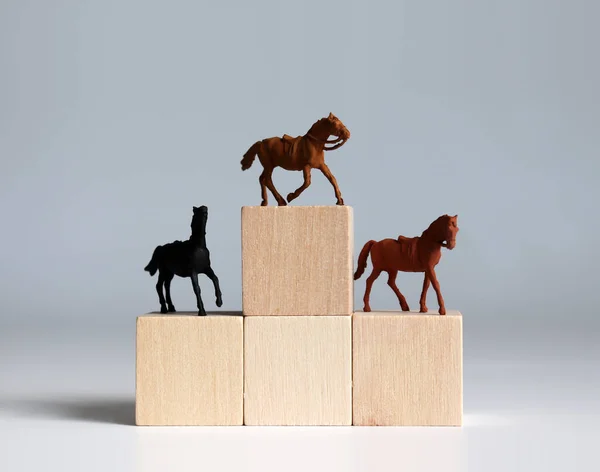 Trzy Miniaturowe Konie Wyścigowe Stojące Bloku Drzew Kształcie Podium — Zdjęcie stockowe