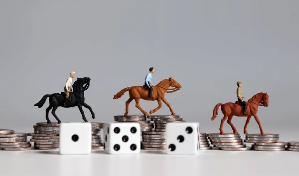 Miniature Horse Rider Pile Coins Concepts Sports Gambling Probability Winning — Stock Photo, Image