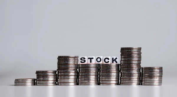 Stock Word Written White Cube Pile Coins Shape Graph — Stock Photo, Image