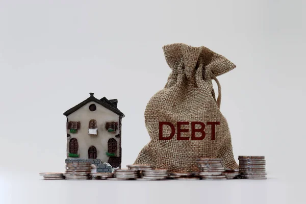 Bundle Bearing Word Debt Miniature House Coin Piles — Stock Photo, Image