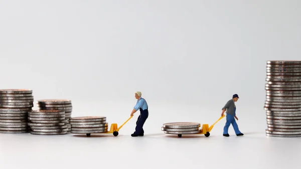 Miniature People Work Site Stack Coins — Stock Photo, Image