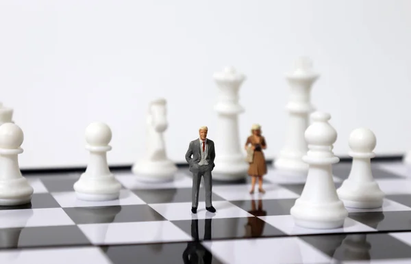 Miniature People Standing Chess Pieces Chessboard — Stock Photo, Image