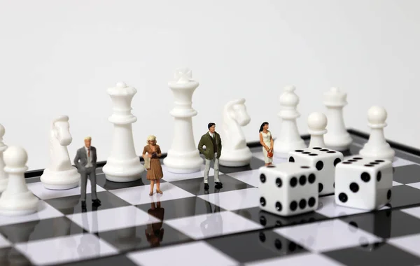 Miniature People Standing Chess Pieces Chessboard — Stock Photo, Image