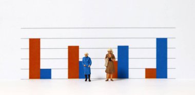 Bir çubuk grafiğinin önünde duran minyatür insanlar..