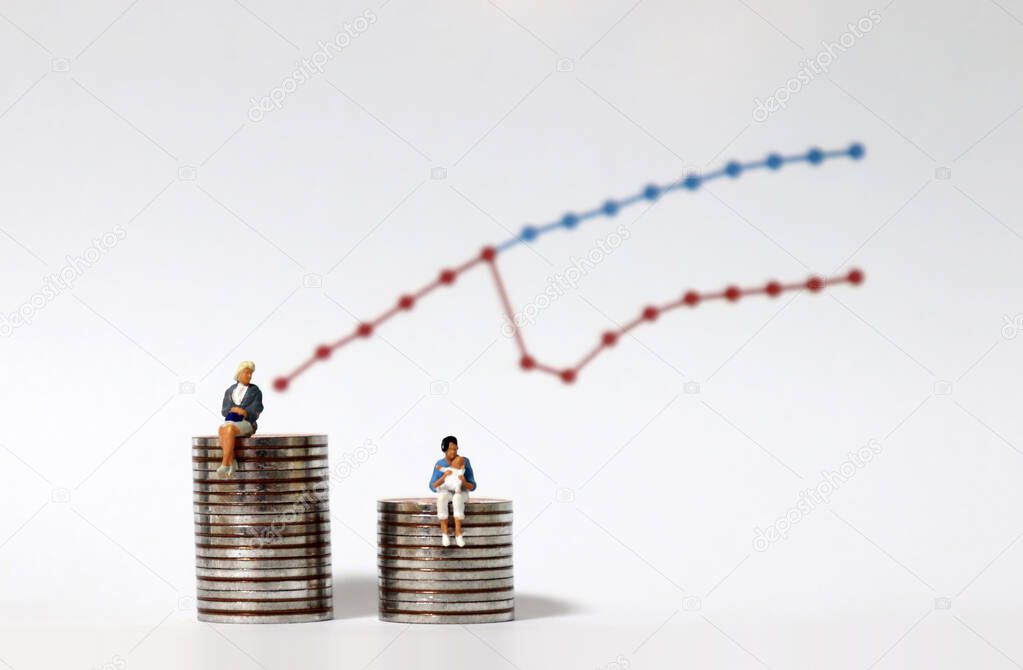 Miniature women sitting on a pile of coins of different heights. Miniature people and graph.
