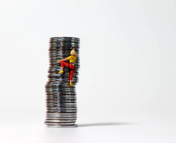 Miniature Woman Climbing Pile Coins Concept Infinite Competition Society — Stock Photo, Image