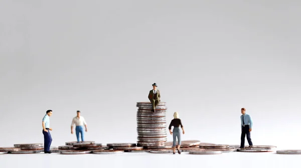 Miniature Man Sitting Top Pile Coins Miniature People — Stock Photo, Image