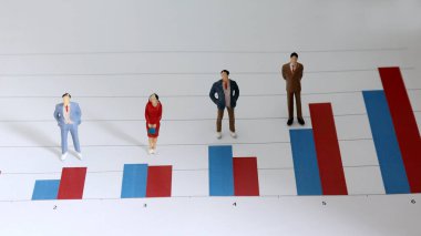 Çubuk grafiğin üzerinde duran minyatür insanlar. İş yerinde sayısal değerlerle yargılanan insanlar kavramı..