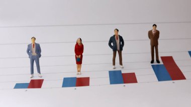 Çubuk grafiğin üzerinde duran minyatür insanlar. İş yerinde sayısal değerlerle yargılanan insanlar kavramı..