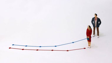 Cinsiyet eşitsizliği kavramı. Minyatür bir adam ve minyatür bir kadın akış çizgisinde duruyorlar..