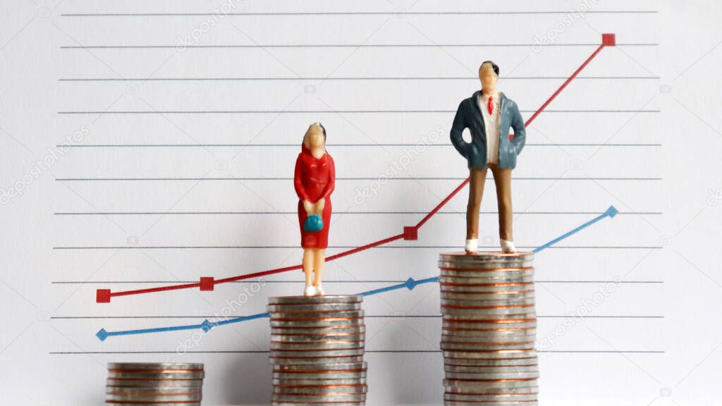 Miniature people standing on a pile of coins in front of a graph. 