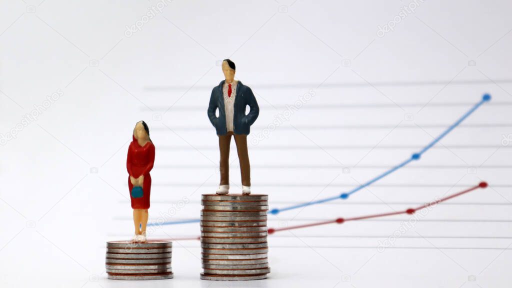 A miniature man and a miniature woman standing on a pile of coins with a flow linear graph. The concept of unequal treatment for women in the workplace.