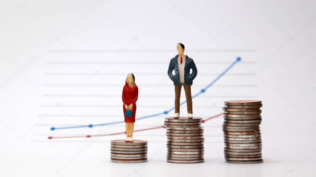 A miniature man and a miniature woman standing on a pile of coins with a flow linear graph. The concept of unequal treatment for women in the workplace.