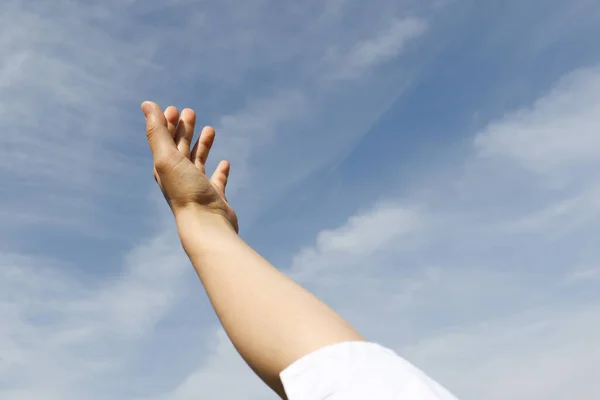 Woman Arm Outstretched Blue Sky — Stock Photo, Image