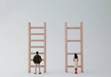 Farklı merdivenlerin önünde duran minyatür erkek ve kadınlar. Cinsiyet ayrımcılığı yapan bir iş anlayışı.