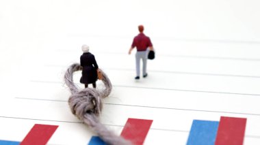 Grafik ve minyatür insanlar. İş hayatında cinsiyet ayrımcılığı kavramı.