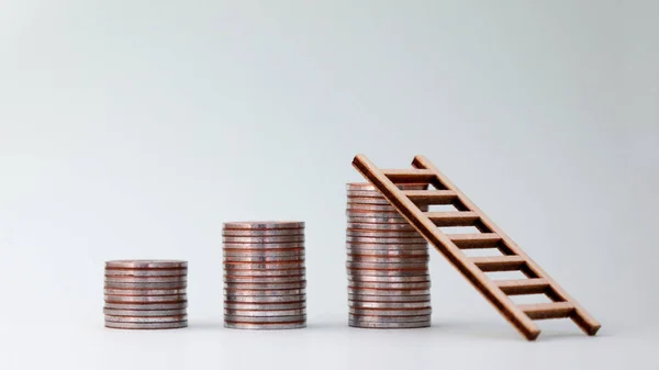 Three Pile Coins Small Wooden Ladder — Stock Photo, Image