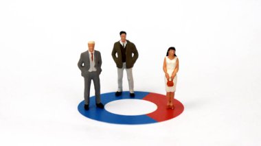 İki minyatür adam ve minyatür bir kadın çörek grafiğinin üzerinde duruyorlar. Erkeklere yönelik sosyal yapı kavramı.