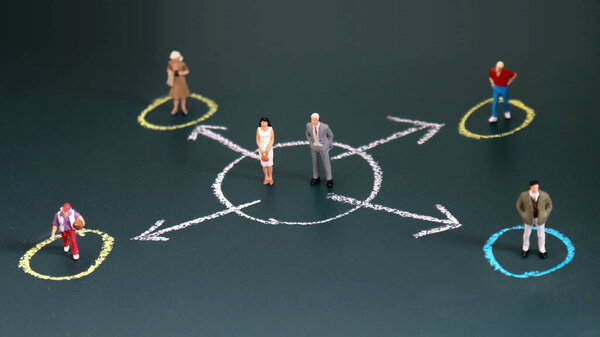 Miniature people each standing in a different circle. The concept of the income gap between individuals.