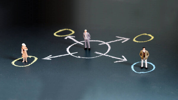 Miniature people each standing in a different circle. The concept of gender discrimination.