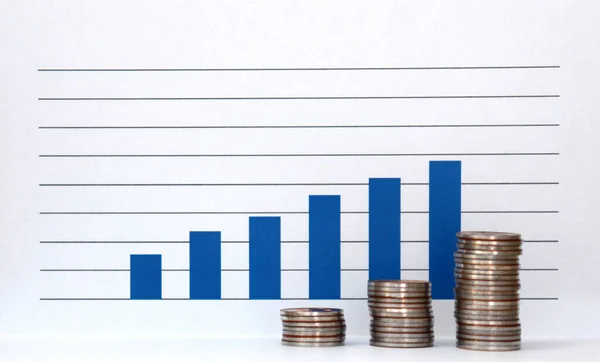 Three Pile Coins Blue Bar Graph White Background — Stock Photo, Image