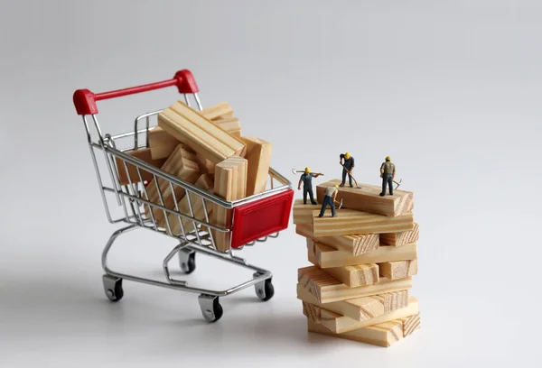 Shopping Carts Containing Wooden Blocks Miniature Working People — Stock Photo, Image