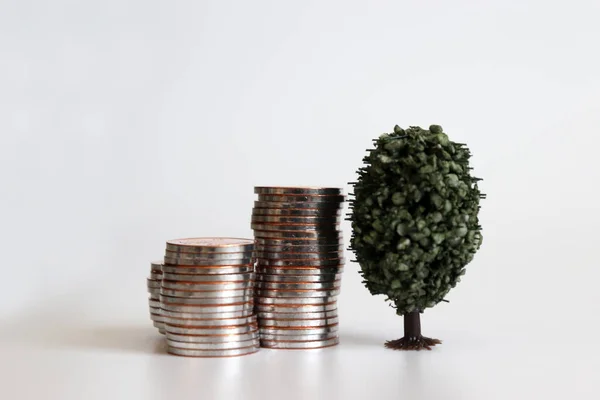 Купка Монет Мініатюрним Деревом — стокове фото