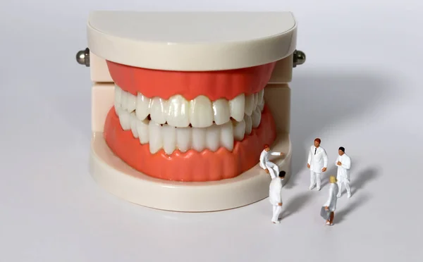Dental miniature people discussing teeth. Concept of oral health care.