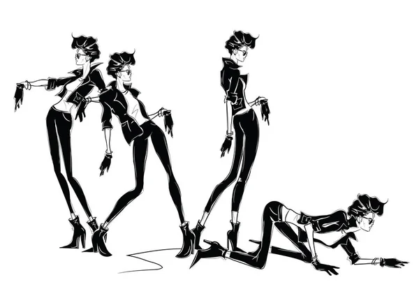 Cuatro Mujeres Moda Estilo Boceto Ilustración Vectorial — Vector de stock