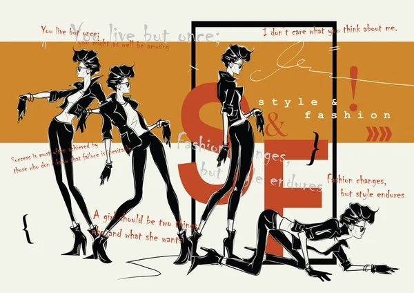 Trois femmes de mode dans le style croquis . — Image vectorielle