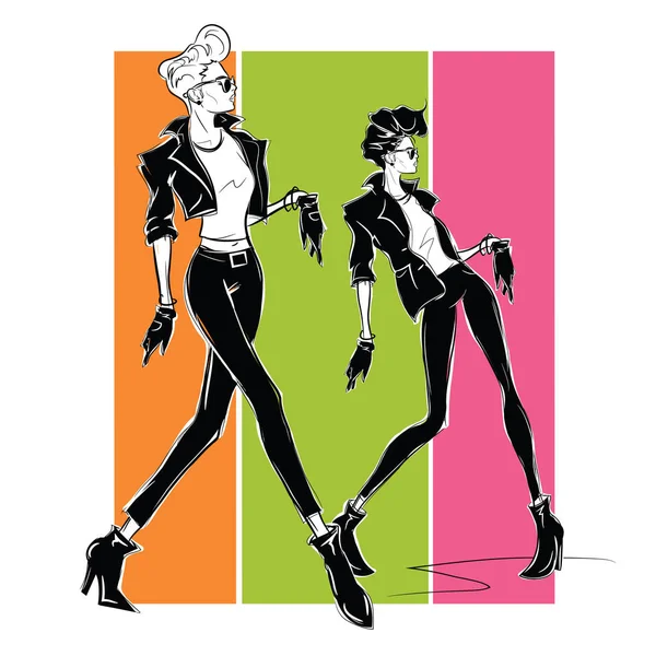 Deux femmes de mode dans le style croquis . — Image vectorielle