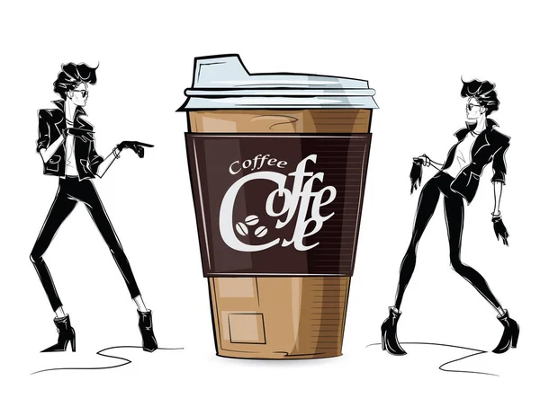 Chica de moda en estilo de boceto con gran taza de cofe . — Vector de stock