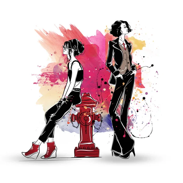 Two fashion girls in sketch-style on colorful background.