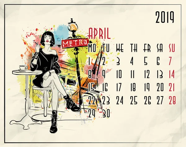 Abril. 2019 calendário europeu com menina da moda — Fotografia de Stock