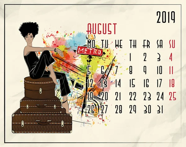 Agosto. Calendario europeo 2019 con chica de moda —  Fotos de Stock